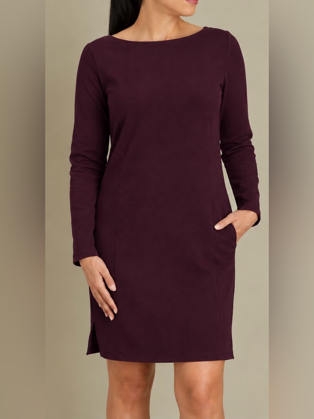 Duluth Cotton Long Sleeve Ponte Midi Knee Length Shift Dress Plum Purple Small S
